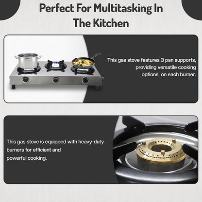 Three Burner Stove Stainless Steel Propane Portable Cooktop Range | Propane Range 3 Burner Cooktop, Indian Style Gas Stove for Outdoor Cooking on 3 Burner Gas Stove Camp Stove