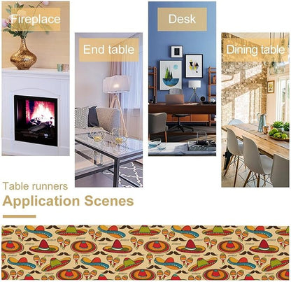 Mexican Style Table Runners,Orange Hats Exotic Music Upholstery Fabric Wedding Coffee Table Runner, Farmhouse Style Table for Kitchen Dining Table WeddingGraduationParty 13x90 Inch