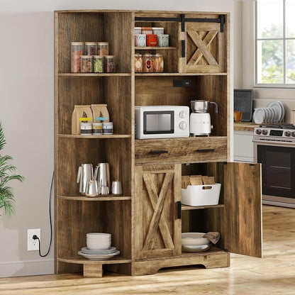 YITAHOME 67" Farmhouse Pantry with Power Outlet & Sliding Barn Door, Oak | Freestanding Hutch with Charging Station, Shelves & Drawer for Kitchen and Dining Room