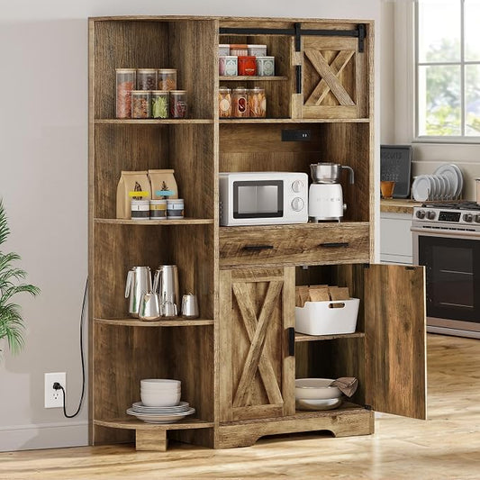 YITAHOME 67" Farmhouse Pantry with Power Outlet & Sliding Barn Door, Oak | Freestanding Hutch with Charging Station, Shelves & Drawer for Kitchen and Dining Room