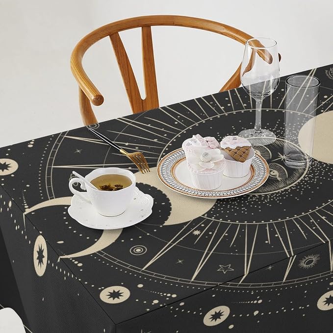 Vintage Moon Sun Tablecloth Moon Phase Star Galaxy Zodiac Signs Moonlight Table Cloth Water Resistant Wipeable Table Cover for Farmhouse Picnic Party Holiday Kitchen Dinner Table 55"x55"