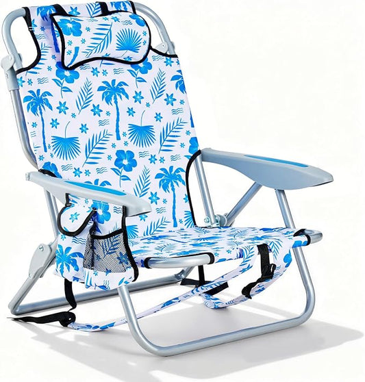 Portable Beach Chair for Adults, Outdoor Camping Chair Lay Flat Folding Backpack Beach Reclining Chair with 5 Positions, Headrest, Cup Holder, Heavy Blue Coconut Tree