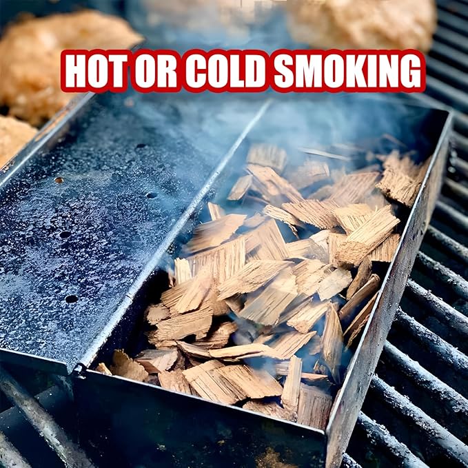 SHIKORI Smoker Box, BBQ Wood Chips Smoker Box for Gas or Charcoal Grills Heavy Duty Stainless Steel Barbecue Smoker Box Grill Accessories(Silver)