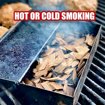 SHIKORI Smoker Box, BBQ Wood Chips Smoker Box for Gas or Charcoal Grills Heavy Duty Stainless Steel Barbecue Smoker Box Grill Accessories(Silver)