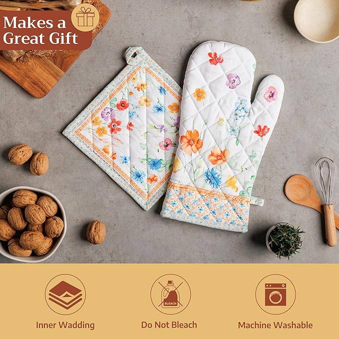 Maison d' Hermine Pot Holders 100% Cotton Heat Resistant Potholders 8" x 8" Hot Pads with Loop BBQ Cooking Baking Hotel Farmhouse Kitchen Handling Hot Pans Spring Summer (Pack of 2, Summer Whisper)