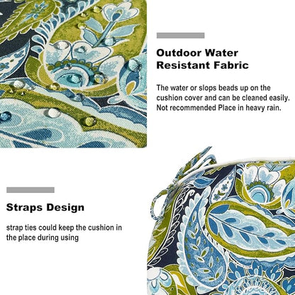 DYTXIII Set of 2 Outdoor Chair Cushions with Ties,Water Repellent Patio Chair Pads 17"x 16" for Outdoor Furniture,Round Corner Seat Cushions for Garden Yard Kitchen Paisley Lapis Green