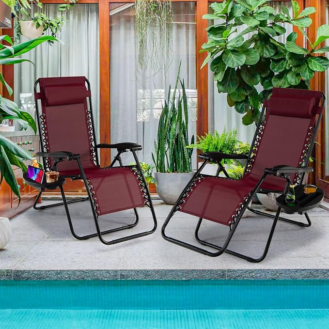 Goplus Zero Gravity Lounge Chairs, 160°Adjustable Folding Recliner w/Pillow and Cup Holder, 350LBS Comfy Outdoor Lounge Chairs for Patio, Lawn, Yard & Camp(1, Wine)