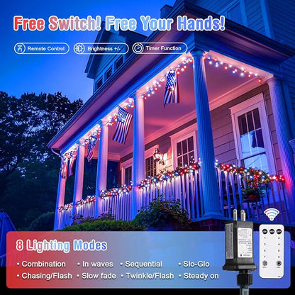 JMEXSUSS 400 LED Red White and Blue Lights Plug in | 4th of July Decorations Patriotic Lights Outdoor for American Holiday Tree Party Independence Memorial Day Decor