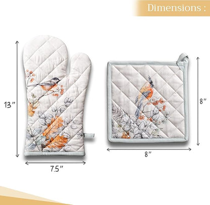 Maison d' Hermine 100% Cotton Oven Mitt & Pot Holder Set (7.5"x13" & 8"x8") Heat Resistant BBQ Cooking Gloves with Loop for Thanksgiving Christmas Decorations Handling Hot Pans (Whitish Shabby Chique)