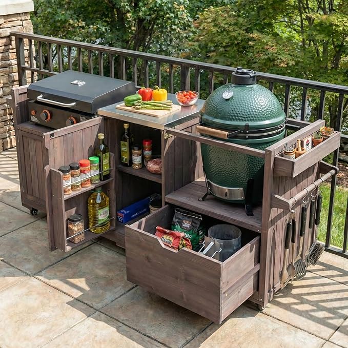 LUMISOL Outdoor Grill Cart for Big Green Egg, 80.5" Solid Wood Outdoor Kitchen Island with Stainless Steel Top and Drawer, Rolling Kitchen Cart for 21"/28" Blackstone Griddle, Dark Brown