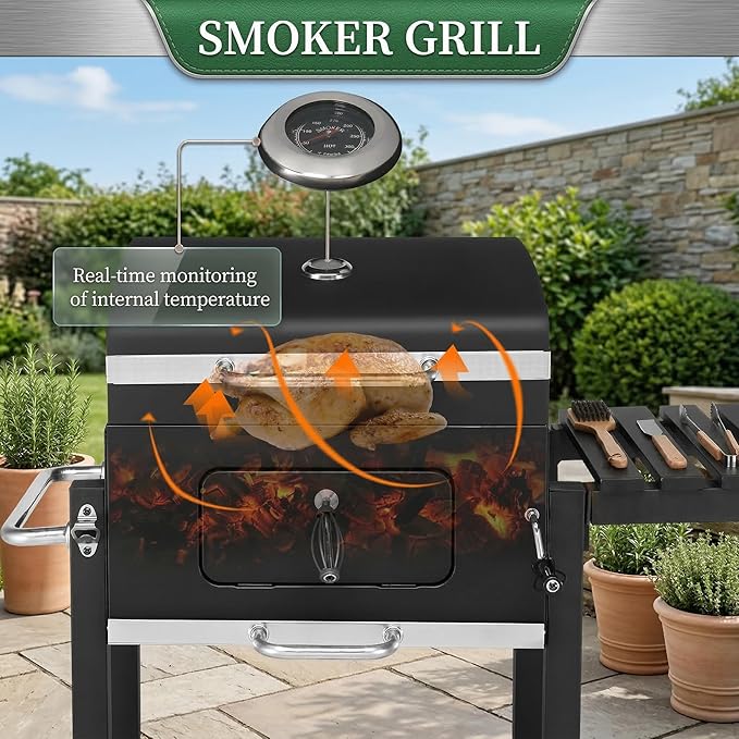 Heavy Duty Charcoal Grill BBQ Smoker with Foldable Side Table and Wheels, Large Outdoor Barbecue Grill for Patio Backyard Garden, Height Adjustable Charcoal Tray & Warming Rack