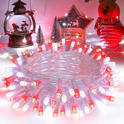 cshare Red and White Christmas Lights Outdoor Battery Operated, Chrristmas String Lights with Timer Waterproof Clear Wire for Indoor & Outdoor Christmas Decorations Garland Party Garden