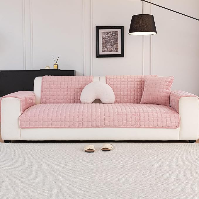 Velvet Couch Cover, Washable Sectional Sofa Cover, Anti Slip Sofa Slipcover for 3 Cushion Couch Sofa L Shaped Armrest Backrest, Furniture Protector Covers for Pets Kids(1PC,Pink,36"×36")