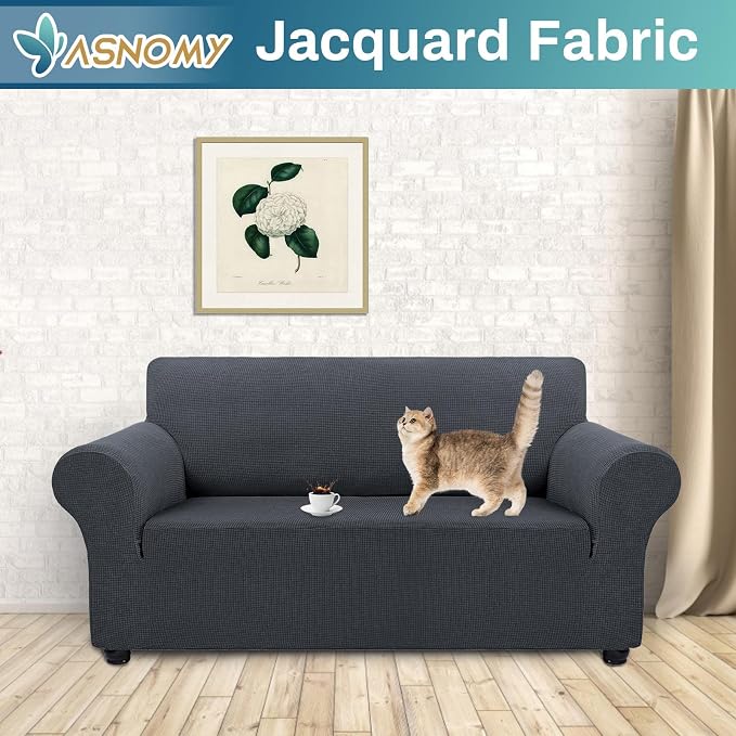 Asnomy Stretch Couch Covers Washable,loveseat Cover Slipcovers,Charcoal Ash | 1-Piece Sofa Cover(55"-78") loveseat cover Furniture Protector Soft Jacquard,Non-Slip Elastic Bottom for Dogs & Kids