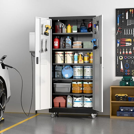 Aobabo Garage Storage Cabinet with Wheels, Metal Storage Cabinet with 5 Adjustable Shelves for Garage Home, Black&Silver,71" H*34''W*18''D,Required-Assembly,