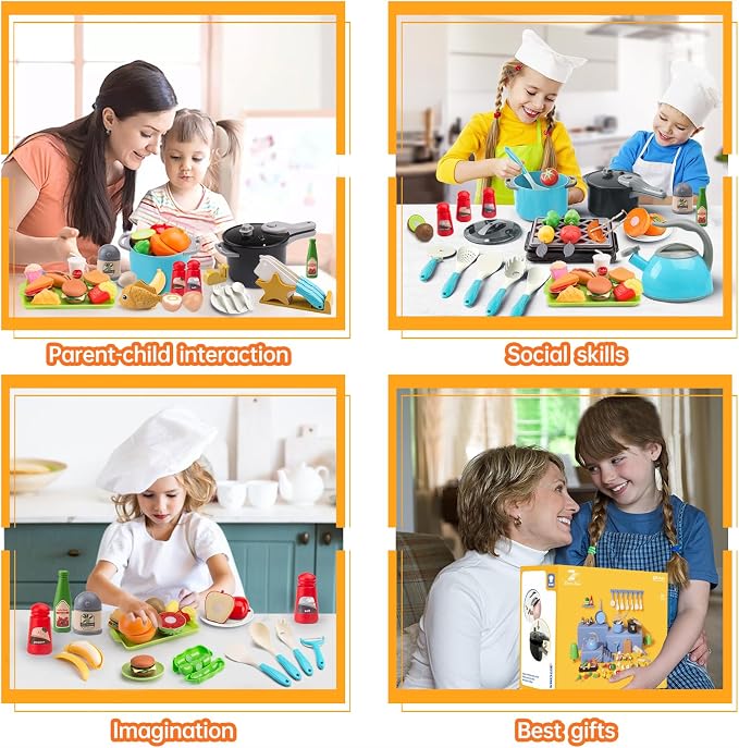 105Pcs Kids Kitchen Toy Accessories, Toddler Pretend BBQ Camping Cooking Playset, Play Pots, Pans, Utensils Cookware Toys, Play Food Set, Vegetables, Learning Gift for Girls Boys (Turquoise)