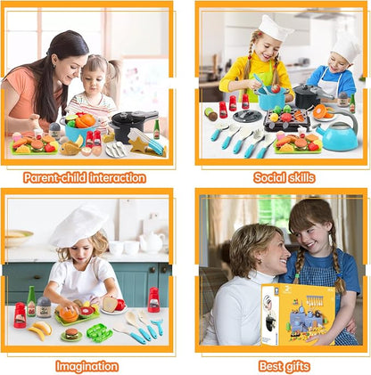 105Pcs Kids Kitchen Toy Accessories, Toddler Pretend BBQ Camping Cooking Playset, Play Pots, Pans, Utensils Cookware Toys, Play Food Set, Vegetables, Learning Gift for Girls Boys (Turquoise)