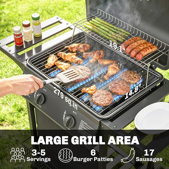 Outsunny 2 Burner Propane Gas Grill, 18000 BTU BBQ Grill with Wheels, Warming Rack, Side Tables, Shelf, Thermometer, Grease Cup, Outdoor Barbeque for Outdoor Backyard Patio, Black
