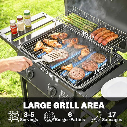 Outsunny 2 Burner Propane Gas Grill, 18000 BTU BBQ Grill with Wheels, Warming Rack, Side Tables, Shelf, Thermometer, Grease Cup, Outdoor Barbeque for Outdoor Backyard Patio, Black