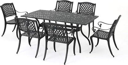 Christopher Knight Home Cayman Outdoor 6-Seater Cast Aluminum Dining Set, 7-Pcs Set, Black Sand