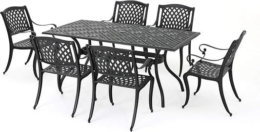 Christopher Knight Home Cayman Outdoor 6-Seater Cast Aluminum Dining Set, 7-Pcs Set, Black Sand