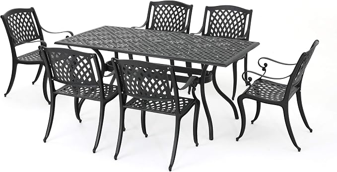 Christopher Knight Home Cayman Outdoor 6-Seater Cast Aluminum Dining Set, 7-Pcs Set, Black Sand Hallandale Outdoor Cast Aluminum Chairs, 2-Pcs Set, Antique Matte Black