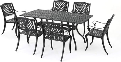 Christopher Knight Home Cayman Outdoor 6-Seater Cast Aluminum Dining Set, 7-Pcs Set, Black Sand Hallandale Outdoor Cast Aluminum Chairs, 2-Pcs Set, Antique Matte Black