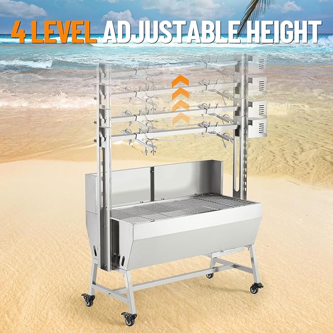 GarveeTech 37in Stainless Steel Electric Rotisserie Grill - 132LB Capacity for Whole Pig & Lamb, Charcoal Spit Roaster with Wind Screen, 50W Motor & Lockable Casters, Outdoor Camping BBQ