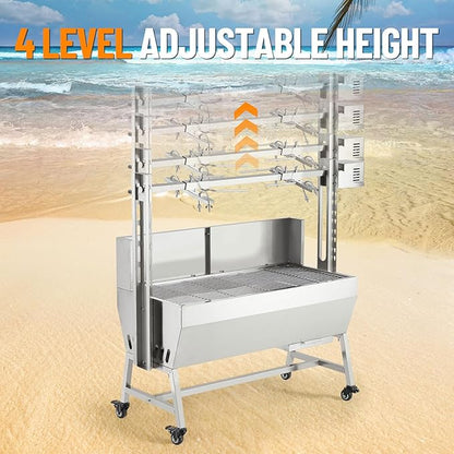 GarveeTech 37in Stainless Steel Electric Rotisserie Grill - 132LB Capacity for Whole Pig & Lamb, Charcoal Spit Roaster with Wind Screen, 50W Motor & Lockable Casters, Outdoor Camping BBQ