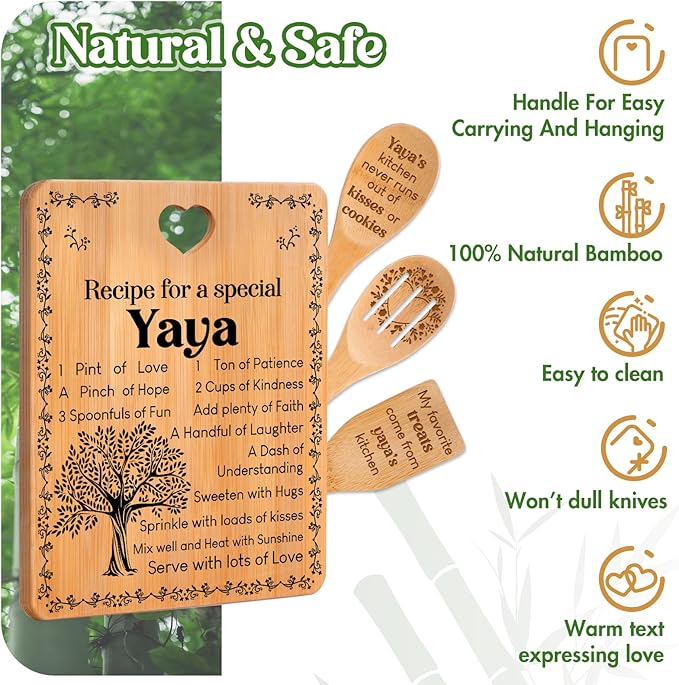 Yaya Gifts - "Recipe for a Special Yaya" Yaya Gifts for Grandma Cutting Board Set, Bamboo-Made Engraved Utensil Set Gifts for Yaya Cutting Board, Mothers Day Gifts for Yaya