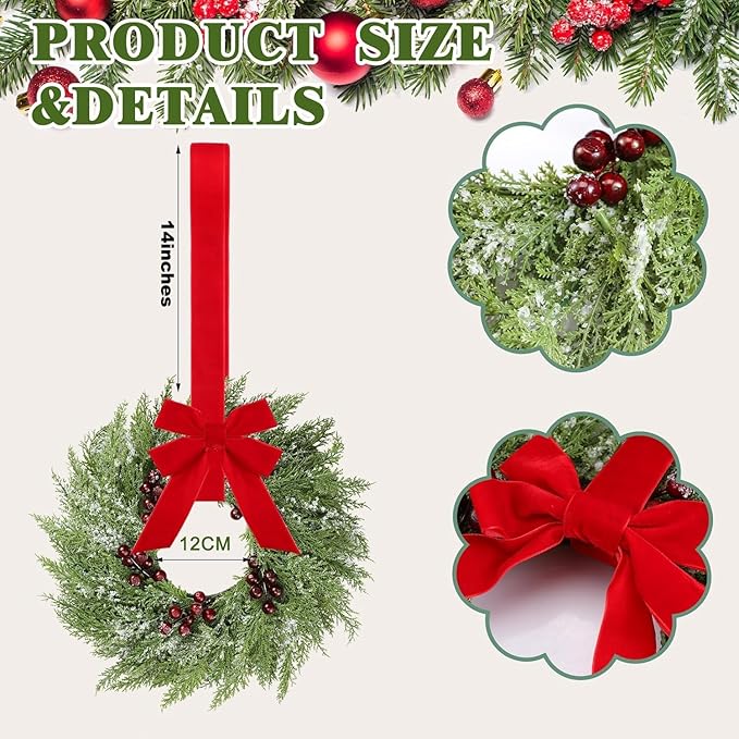 8 Pcs Small Christmas Norfolk Wreaths 15 Inch Christmas Kitchen Cabinet Mini Wreath with Bow Ribbon Cedar Berry for Xmas Front Door Window Chair Fireplace Table Pillar Farmhouse