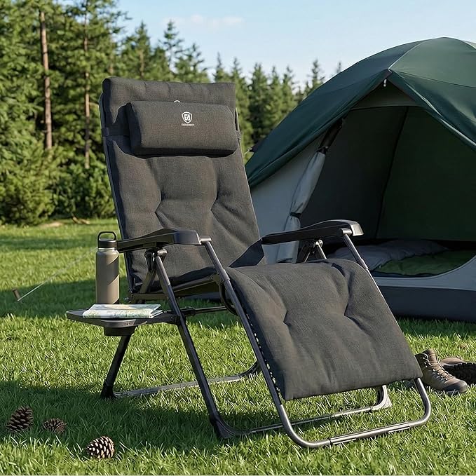 EVER ADVANCED Aluminum Zero Gravity Chair Oversized, 2.4" Thick Padded Reclining Lounge Chair with Adjustable Headrest & Side Table, Heavy Duty Support 350 lbs, Foldable for Outdoor & Indoor, Black