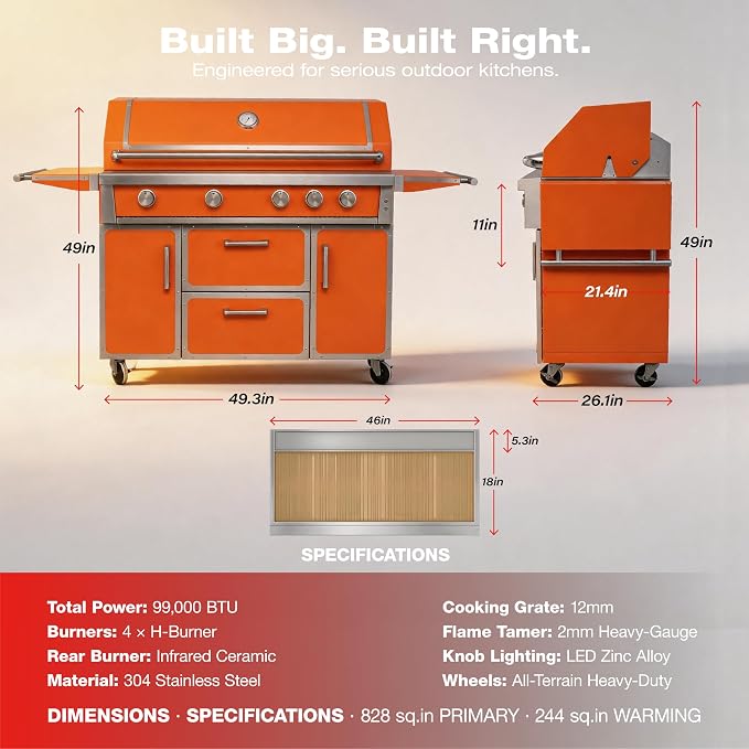 49" Orange Stainless Steel Grill, 4 Burners & Infrared Burner, Natural Gas | 99,000 BTU dual-lined hood easy ignition warming rack versatile cooking space storage drawers gliding wheels