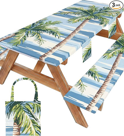Picnic Table Cover with Bench Covers Waterproof Elastic Rectangle Reusable Folding Tablecloth Manteles Mantelería Camping Essentials Rv Car Travel Supplies Table Cloth Outdoor Road Trip Camper Gifts
