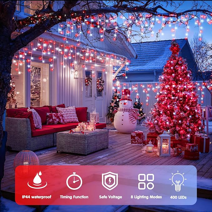 JMEXSUSS 400 LED 38.8 Ft Red and White Icicle Christmas Lights for Outside | Connectable Icicle String Lights Plug in with Remote, 8 Modes Christmas Lights Indoor Outdoor for Party Christmas Eave Decor