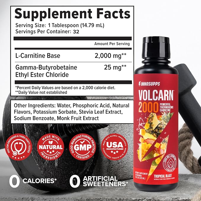 Volcarn 2000 L-Carnitine Liquid Energy, Tropical Blast, 32 Servings | Energy booster and ATP supplement with GBEEC; Enhances focus; Caffeine-free, no artificial sweeteners