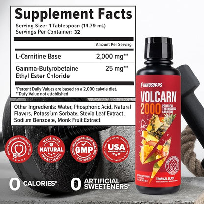 Volcarn 2000 L-Carnitine Liquid Energy, Tropical Blast, 32 Servings | Energy booster and ATP supplement with GBEEC; Enhances focus; Caffeine-free, no artificial sweeteners