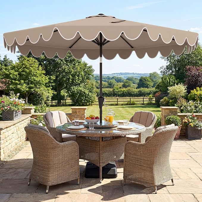 Tangkula 10 FT Patio Umbrella with Base Included, 2-Tiers Outdoor Scalloped Table Umbrella with 2 Sandbags, Tilt Adjustment, Crank, 8 Ribs for Market Backyard Pool Deck Beach Lawn