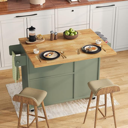 knoworld Rolling Kitchen Island with Storage Cabinet, 41.3'' Width Kitchen Cart with Desktop Drop Leaf Countertop, Portable Mobile Island with Towel Rack, Spice Rack Shelf and Lockable Wheels, Green