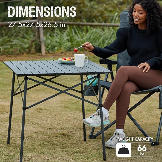 Portal Lightweight Aluminum Folding Square Table Roll Up Top 4 People Table | Portable Outdoor Design; Durable Construction; Easy Setup & Storage; Color: Gray