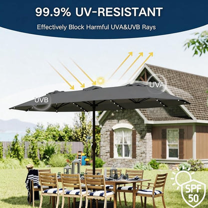 15ft Large Patio Umbrella with Solar Lights and Base, Double-Sided Outdoor Rectangle Umbrella with 48 LED Lights, Market Table Umbrellas with UV Resistant Canopy