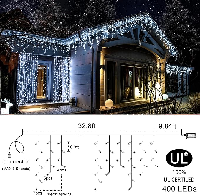 400 LED Icicle Lights for Outside 33FT White Christmas Lights Outdoor | Connectable Plug in Icicle Christmas Lights 8 Modes Waterproof with 75 Drops for Party Holiday Wedding Decoration