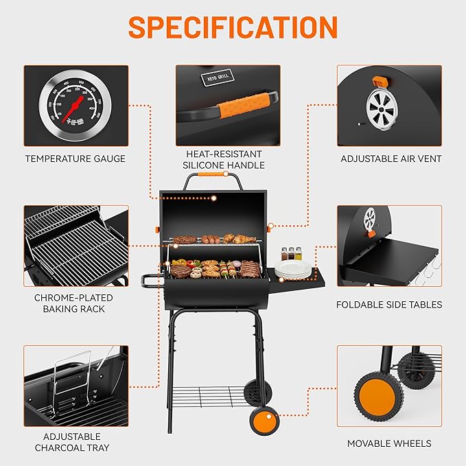 KEYO GRILL 20-Inch Barrel Charcoal Grill, Adjustable Vent Heavy-Duty Outdoor Barbecue Grill with Height Adjustable Charcoal Pan,Warming Rack Outdoor BBQ Grill for Backyard, Patio and Parties, Black