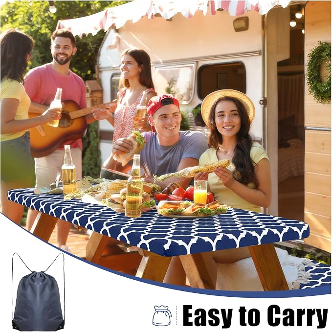 Smiry Picnic Table Cover with Bench Covers, Waterproof Elastic Fitted Tablecloth for 6 Foot Tables, Washable Polyester Tablecloths for Camping, Indoor & Outdoor (Navy, 30x72 Inch 3-pc Set)