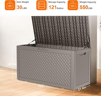 PatioZen 121 Gallon Resin Deck Box, Lockable Outdoor Storage Box for Patio Cushions Storage Furniture,Garden Tools, Pool Supplies, Weatherproof and UV Resistant (Grey)