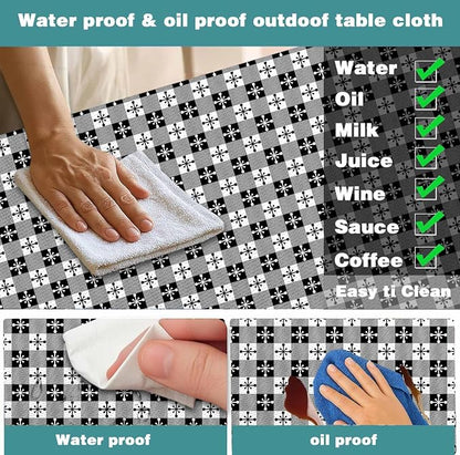Picnic Table Cover with Bench Covers and Bag, Camping Essentials, Buffalo Plaid Waterproof and Windproof, Fitted Tablecloth Cover with Elastic Edge, for Outdoor, 3 PCS, (Black & White, 30"x96")