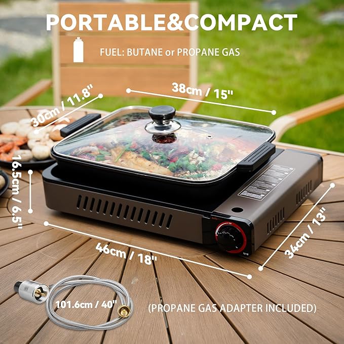 Portable Propane Gas Stove with Grill Pan and Lid | Butane Camping Stove Instant Ignition for Patio Backyard Home Cooking Camping RV Tailgating Emergency Use, GS349