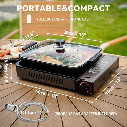 Portable Propane Gas Stove with Grill Pan and Lid | Butane Camping Stove Instant Ignition for Patio Backyard Home Cooking Camping RV Tailgating Emergency Use, GS349