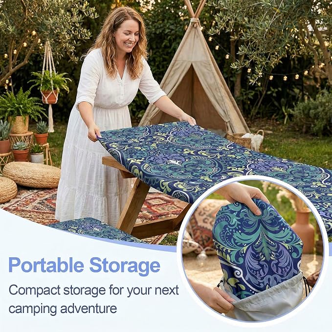 Picnic Table Cover with Bench Covers Camping Essentials Waterproof Windproof Camping Tablecloth with Drawstring Bag, Fitted Rectangle Tables and Seats, 72in, Deep Blue Green