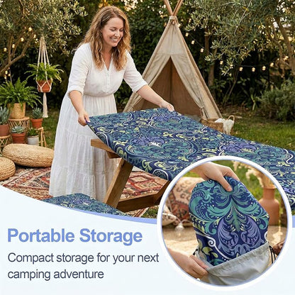Picnic Table Cover with Bench Covers Camping Essentials Waterproof Windproof Camping Tablecloth with Drawstring Bag, Fitted Rectangle Tables and Seats, 72in, Deep Blue Green